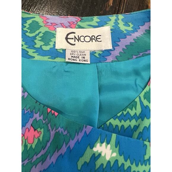 Vintage Encore Hong Kong 100% Silk Skirt Suit Set M 8-10 Teal Pink Floral - Picture 8 of 13